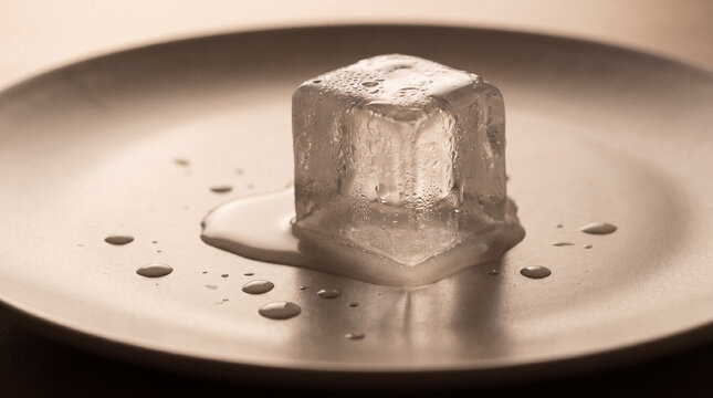 Ice cube melting on a plate showing phase change and temperature concept, with water droplets and condensation
