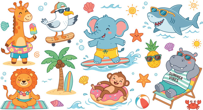 Cute Safari Animals Summer Beach Vacation Cartoon Character Vector Set