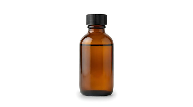 Amber Glass Bottle with Black Screw Cap for Essential Oils on white background

