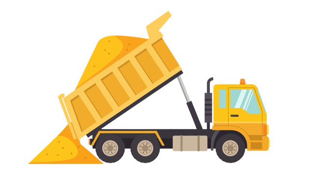 Yellow Tipper Truck Unloading Sand Vector Illustration Isolated on White Background. Heavy Duty Construction Machinery for Industrial and Building Projects.