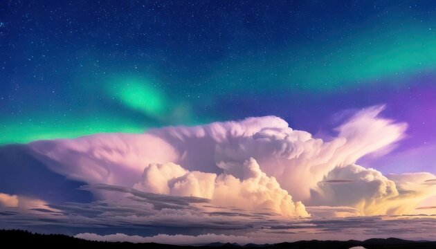 Majestic Aurora Borealis Display Over Towering Cumulus Clouds at Night.