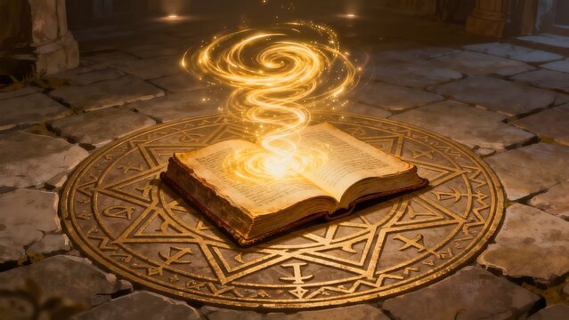 Open book with glowing spiral on stone floor