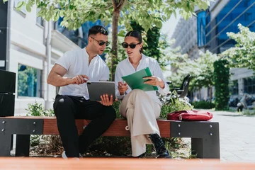 Fototapeten Musik Two business colleagues sit on a bench reviewing a tablet and papers while discussing work. The pair collaborate outdoors in an urban setting during a casual business meeting.  © qunica.com