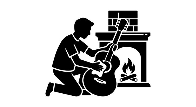 Man playing guitar by the fireplace.