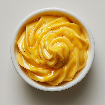 Cheese sauce swirl. Creamy yellow cheese sauce in bowl isolated on light background. Smooth condiment for snacks and meals