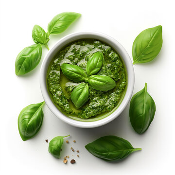 Fresh basil pesto. Homemade green pesto sauce with basil leaves in bowl isolated on light background. Italian cuisine ingredient