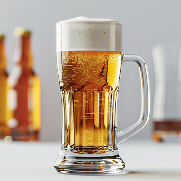 Glass mug of beer. Golden lager with foam in transparent beer mug. Alcoholic beverage closeup