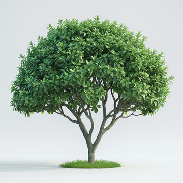 Green ornamental tree. Isolated deciduous tree with dense round canopy on white background. Landscaping and garden design element