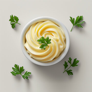 Creamy mayonnaise sauce. Bowl of smooth mayonnaise with fresh parsley garnish isolated on light background. Classic condiment for cooking and sandwiches
