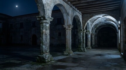 Obraz premium Ancient Stone Arches Under a Moonlit Sky Create a Moody and Mysterious Courtyard Ambiance
