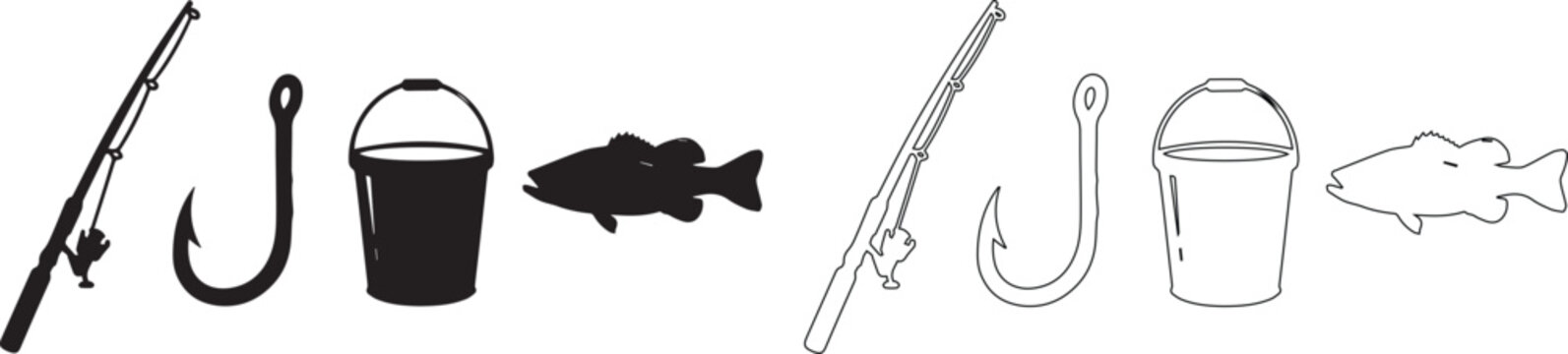 Fishing equipment vector icons set, black silhouette and line art fishing rod with hook and bucket, bass fish outline graphics for outdoors