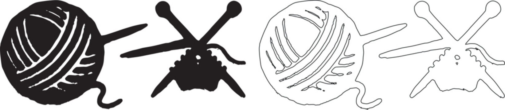 Knitting icons set with yarn balls and needles, black and white craft vector illustrations, handmade hobby symbols for sewing and wool shop branding