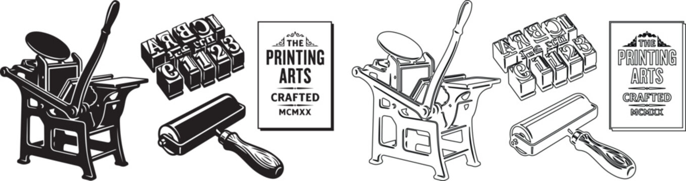 Vintage letterpress printing equipment set, antique printing press and movable type blocks, retro printmaking tools vector illustration