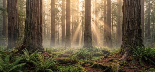 Obraz premium Redwood forest with sunbeams filtering through tall ancient trees and lush green ferns on the forest floor