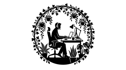 Fototapeta premium Man working on computer surrounded by plants.