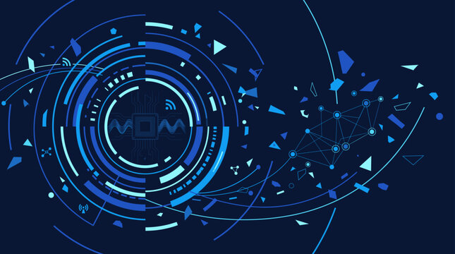 Abstract digital technology background with glowing blue circles, geometric shapes, and data connection lines, featuring MDM logo and Wi-Fi symbol.