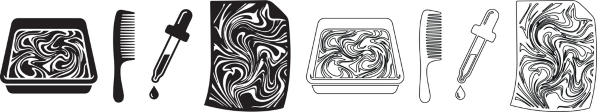 Suminagashi paper marbling art tools vector set, ebru painting equipment icons, water marbling craft supplies in black and white line art