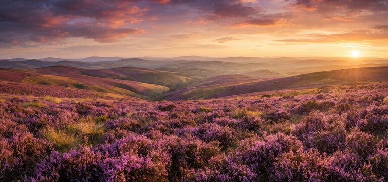 Rolling hills covered in vibrant purple heather under a dramatic sunset sky with golden sun rays breaking through colorful clouds