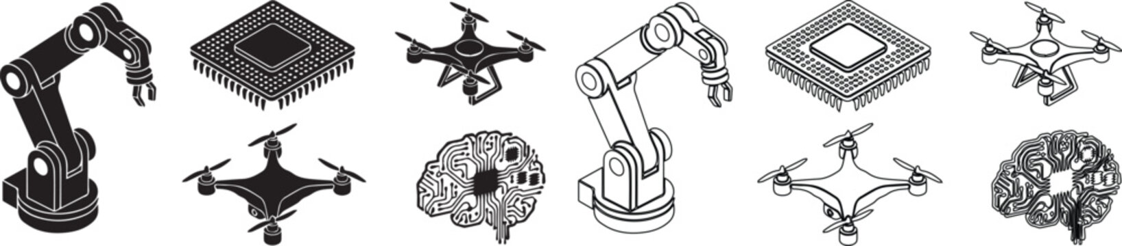 Isometric artificial intelligence icons set, robotic arm and drone vector elements, industrial automation and microchip hardware illustrations