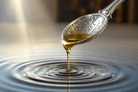 Silver spoon dripping olive oil onto water, creating concentric rings.