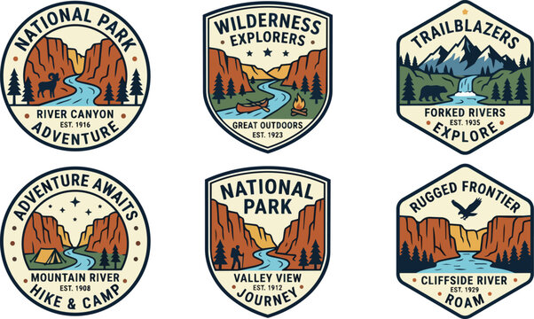 Collection of Vintage Outdoor Adventure and National Park Emblems.