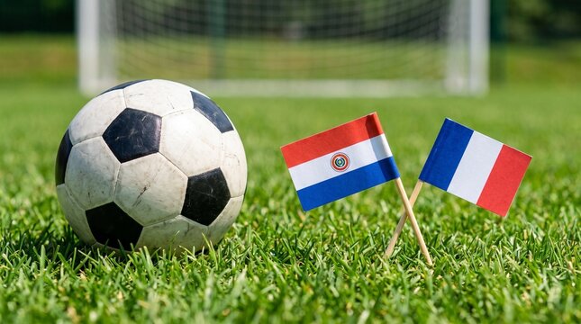 Paraguay vs France Soccer Match Concept with Ball and Small Flags on Grass Pitch Stadium