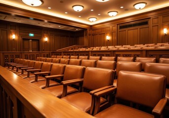 Fototapeta premium Empty courtroom with rows of wooden chairs and leather seats in a traditional legal setting
