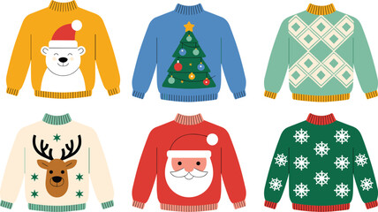Christmas ugly sweater vector set with cute holiday graphics featuring Santa polar bear reindeer and tree isolated on white background © Mucha