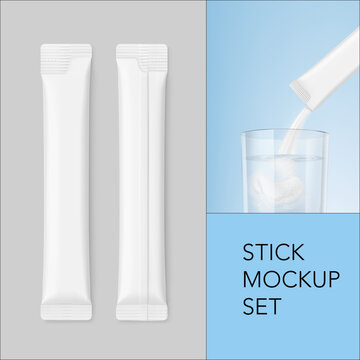 Stick package  mockup set. Can be use for food, cosmetic, medicine and etc. Flat lay view. 3D hight realistic vector illustration isolated on grey background. Scalable without lose quality. EPS10.