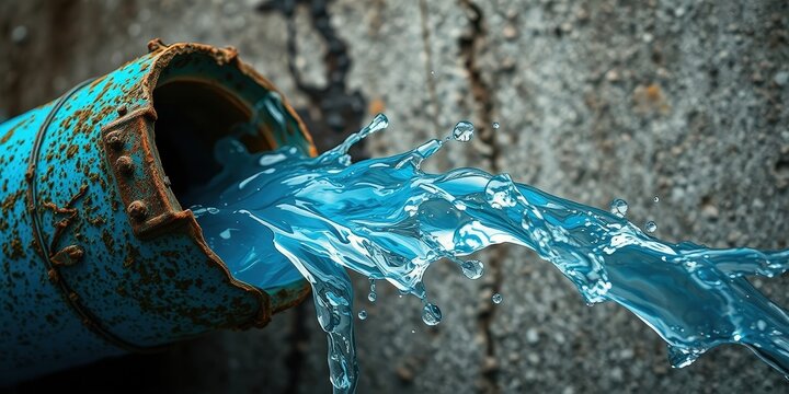 A rusty blue pipe spews out a vibrant stream of water, creating a dynamic splash against a rough textured background.