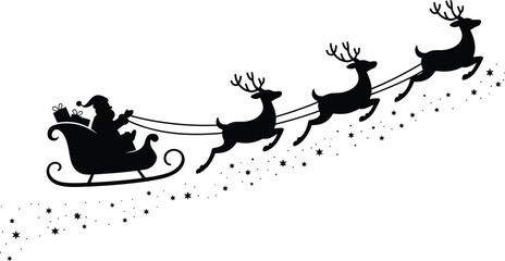Silhouette of Santa Claus in a sleigh pulled by reindeer with gifts and stars christmas © Aman9