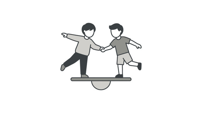 Two boys balancing on seesaw.