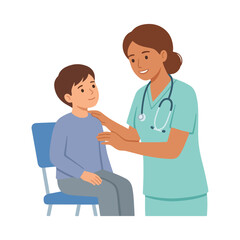 Obraz premium A female healthcare professional in teal scrubs with a stethoscope comforts a young boy sitting on a blue chair during a medical checkup.