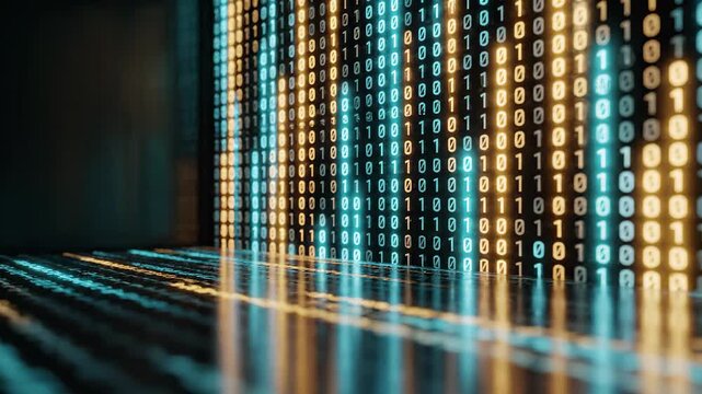 Teal and Gold Digital Binary Code Flowing Upward on Reflective Glass Surface Abstract Software Engineering and Programming Code Stock Video Loop
