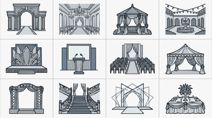 Obraz premium Sleek Monochromatic Illustrations of Elegant Wedding and Event Venues with Architectural Details
