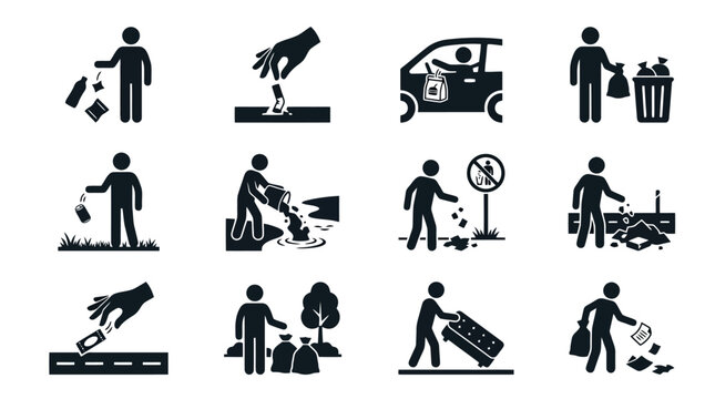 Black silhouette icons depicting various littering actions and waste disposal.