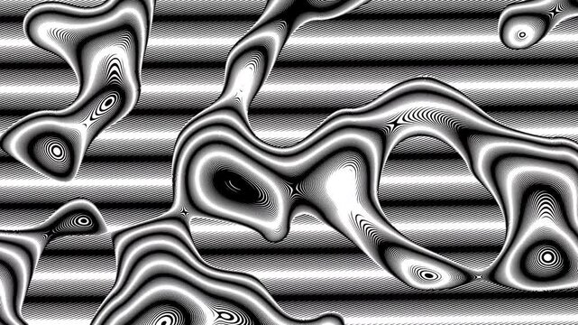 This video features a smooth, looping animation of monochrome wavy lines and three-dimensional organic shapes. High-contrast black and
