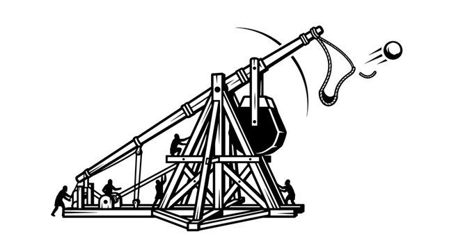 Medieval siege weapon catapult launching projectile historical illustration.