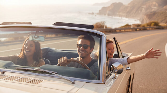 Young friends driving a classic convertible on a winding coastal road, smiling and embracing the summer journey and adventure