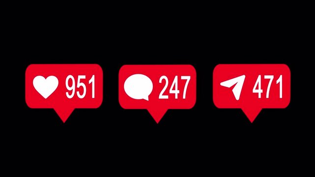 A modern red social media animation featuring Like, Comment, Share, and share buttons that appear with smooth pop-up and click animations.