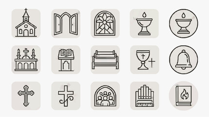Fototapeta premium Sleek Minimalist Black and White Line Icons Set Featuring Church Religious Symbols and Sacred Objects for Spiritual Designs
