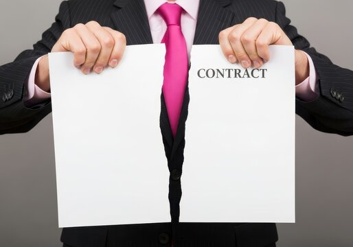 Businessman in a suit and pink tie tearing a contract document in half