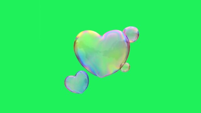 Animation heart-shaped bubbles move against a green background.