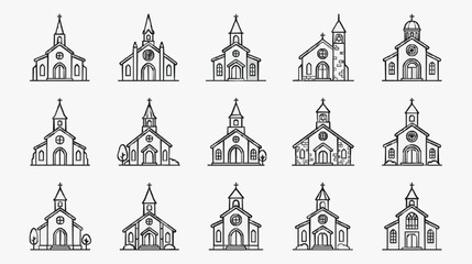 Fototapeta premium Clean Minimalist Black and White Line Drawing Set of 15 Unique Church Building Icons with Crosses and Steeples