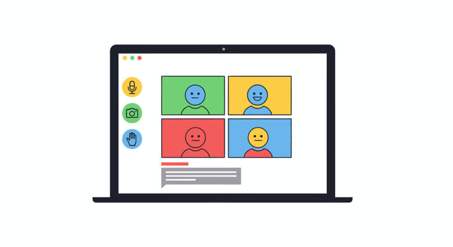 Video Conference Call Laptop Screen with Diverse People Icons