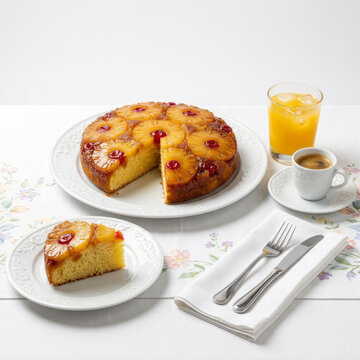 Pineapple upside-down cake with espresso and orange juice served on the coffee table