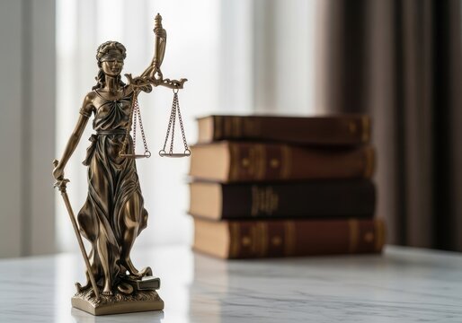 Statue of lady justice with scales and sword next to a stack of law books