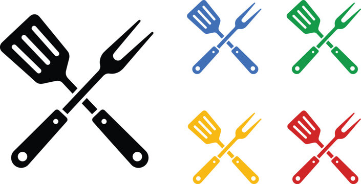 Crossed spatula and barbecue fork vector icon set for grill and restaurant menu design