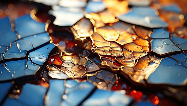 Abstract Cracked Reflective Glass Pieces Glowing with Warm Light in Close Up View