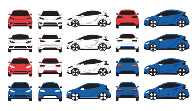 Modern passenger crossover SUV vector featuring red and blue vehicles in isometric dimetric perspective.